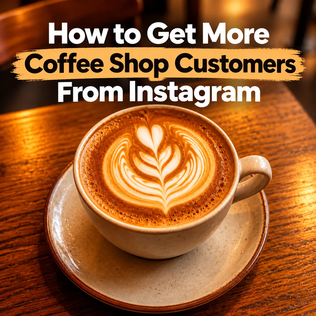 Latte with rosetta art on a wooden table under the title How to Get More Coffee Shop Customers From Instagram