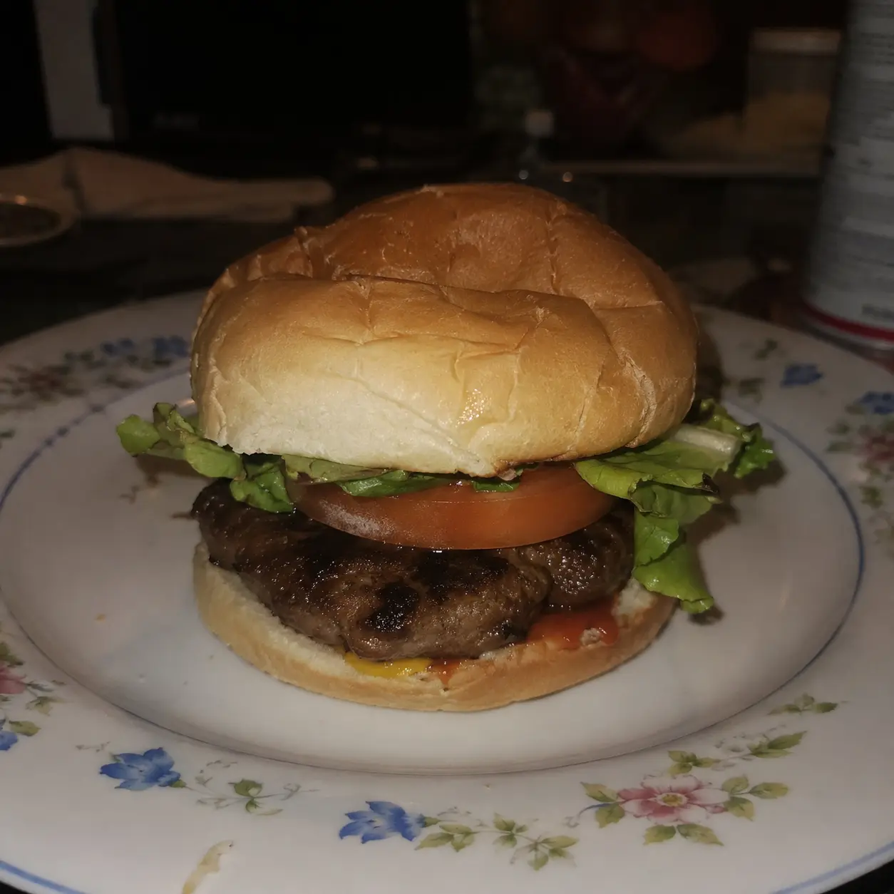 Before: restaurant hamburger photo taken under kitchen lighting