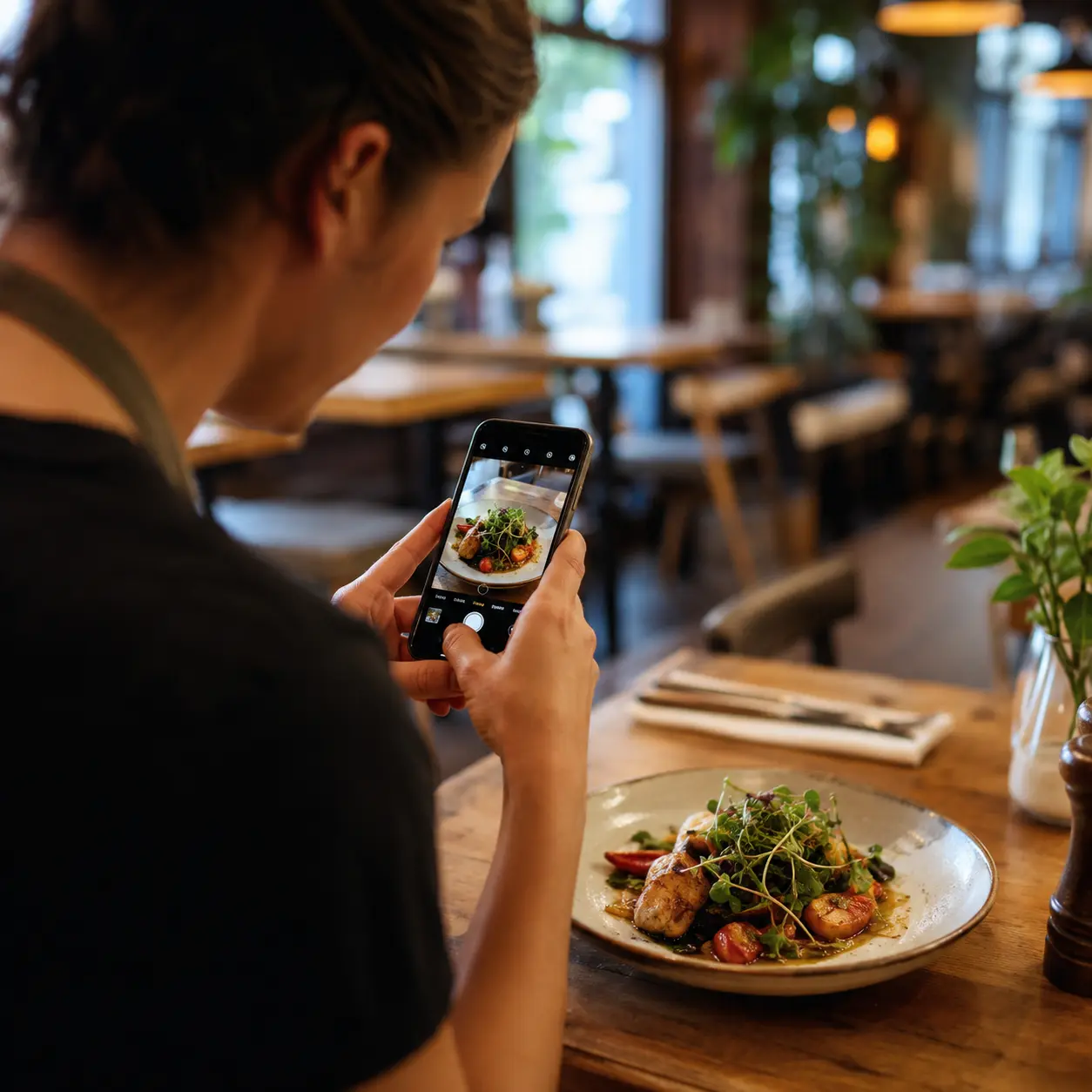 Restaurant owner photographing a plated dish on a phone, illustrating how to get more customers from restaurant Instagram
