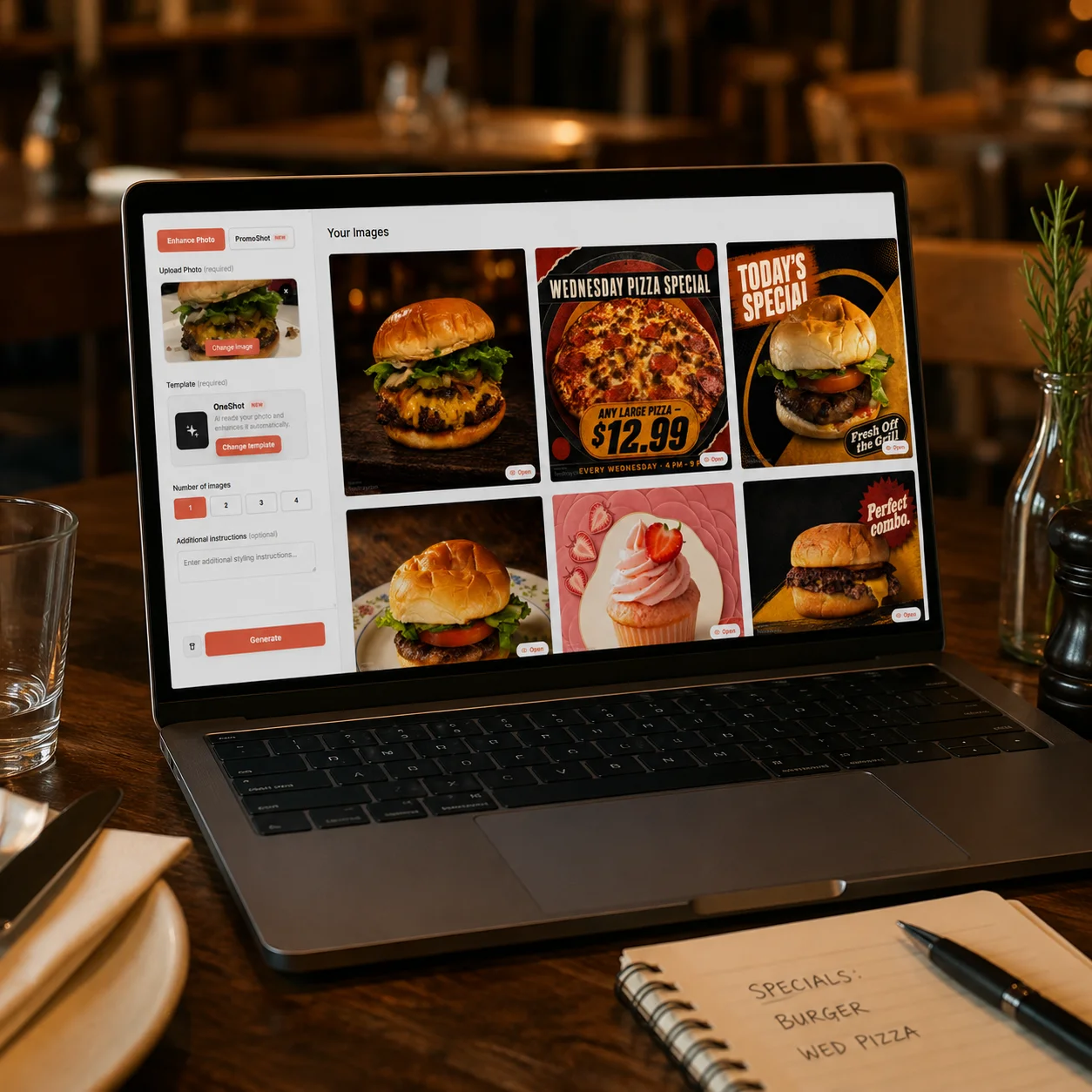 Restaurant owner using Feedtray to enhance DoorDash menu photos on a laptop