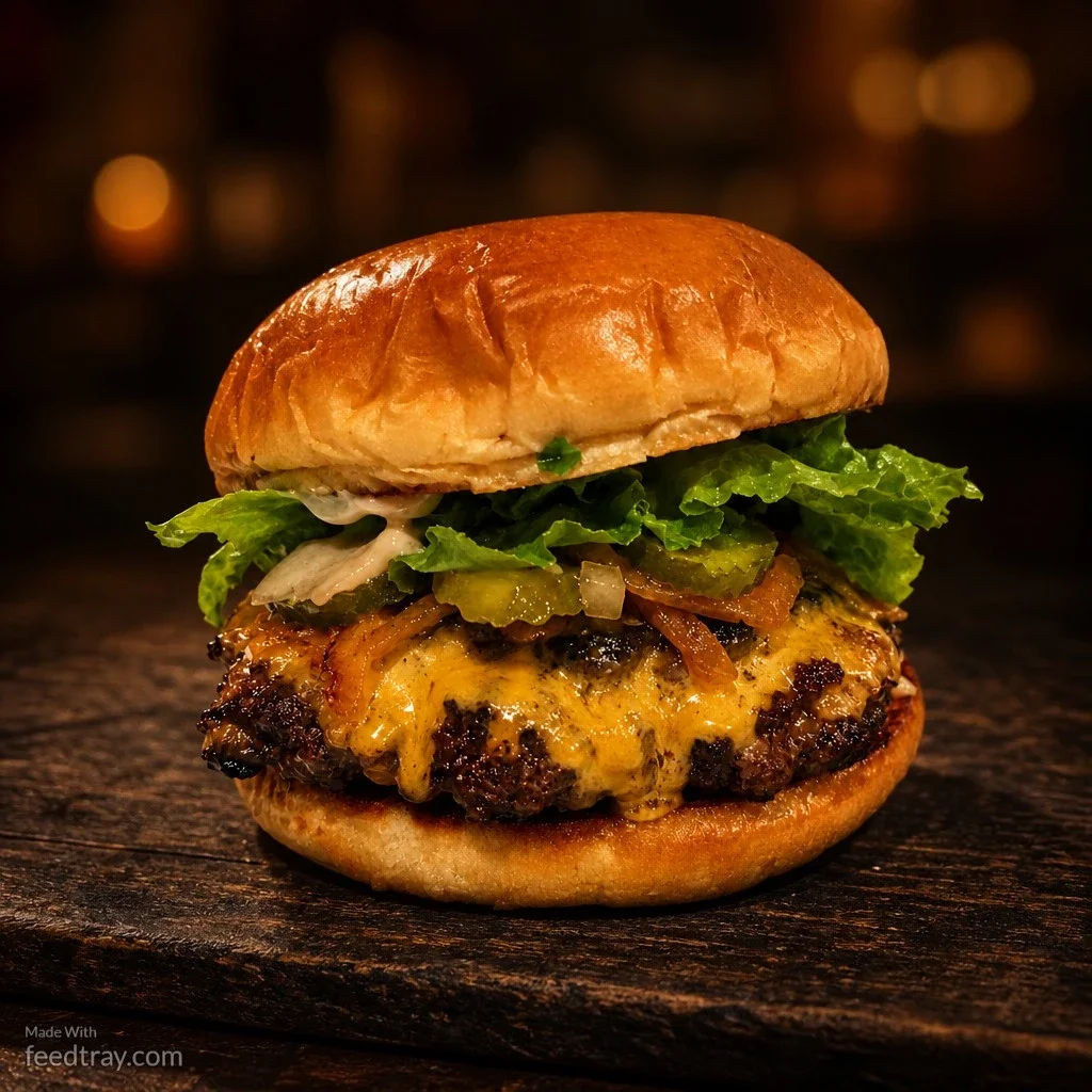 Enhanced DoorDash menu photo of the same burger with stronger contrast and a clean background