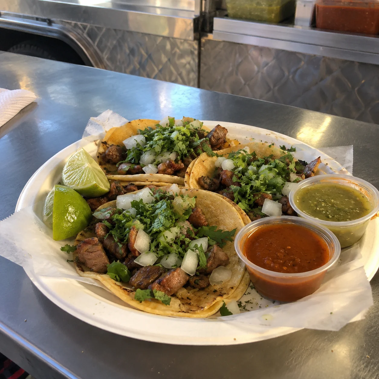 Original phone photo of street tacos showing flat lighting before Feedtray enhancement