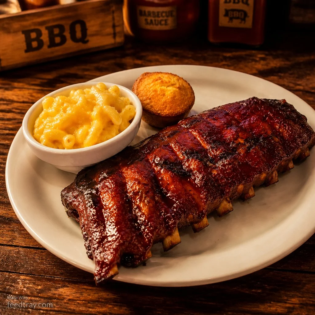 Feedtray-enhanced BBQ ribs photo with improved lighting, color, and background for Facebook