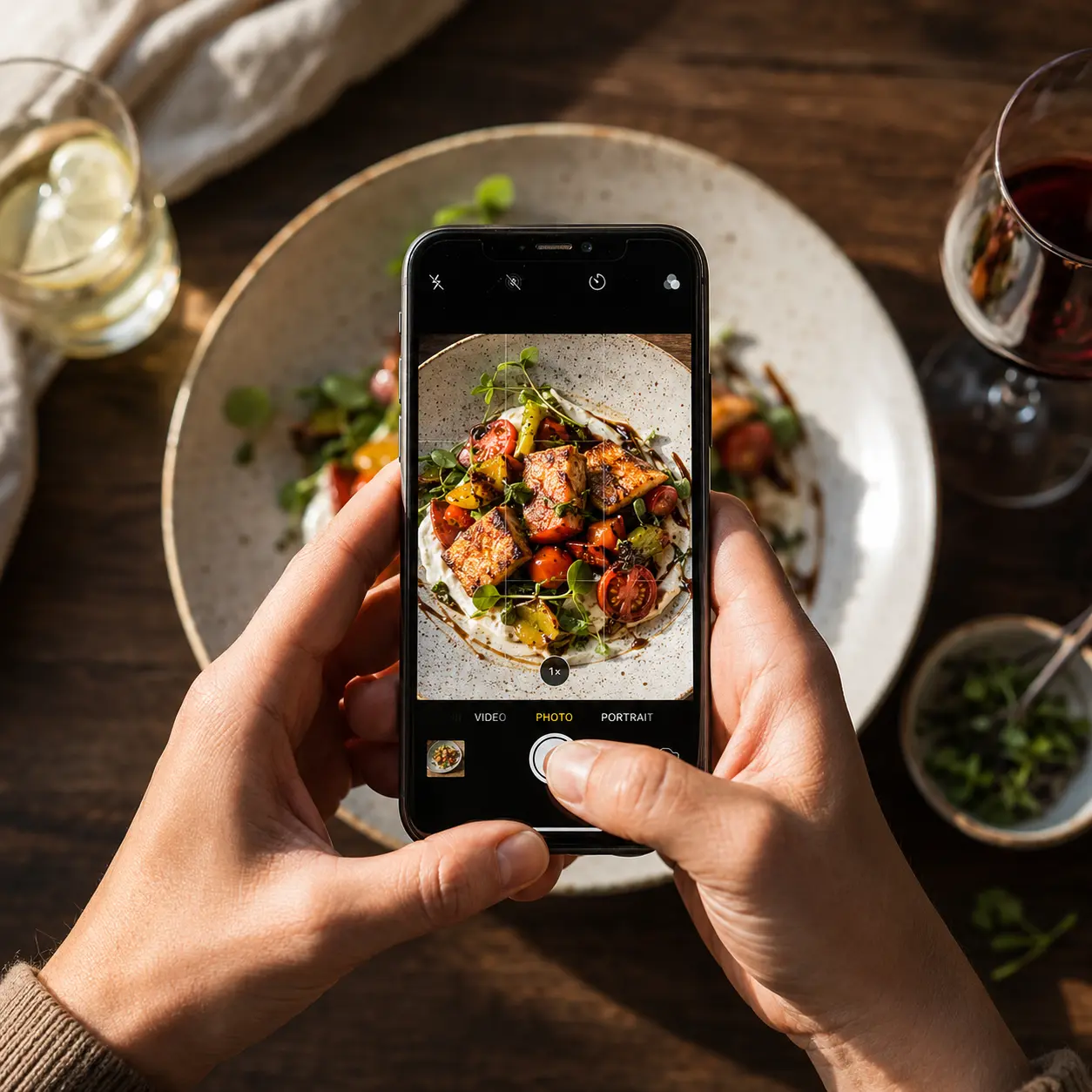 Restaurant dish photographed with natural window light for Instagram