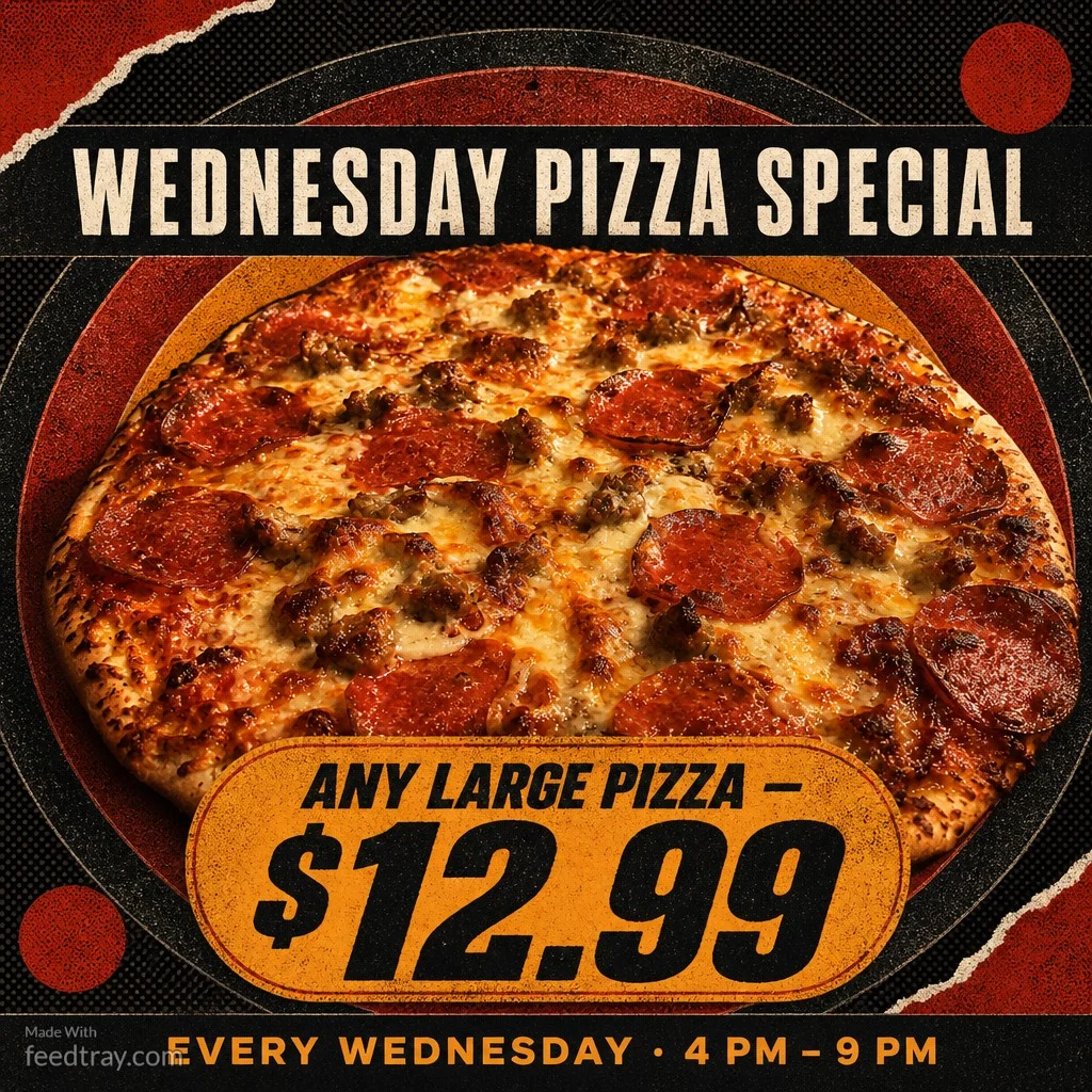 Before and after Instagram caption comparison for a Wednesday pizza special post, enhanced with Feedtray