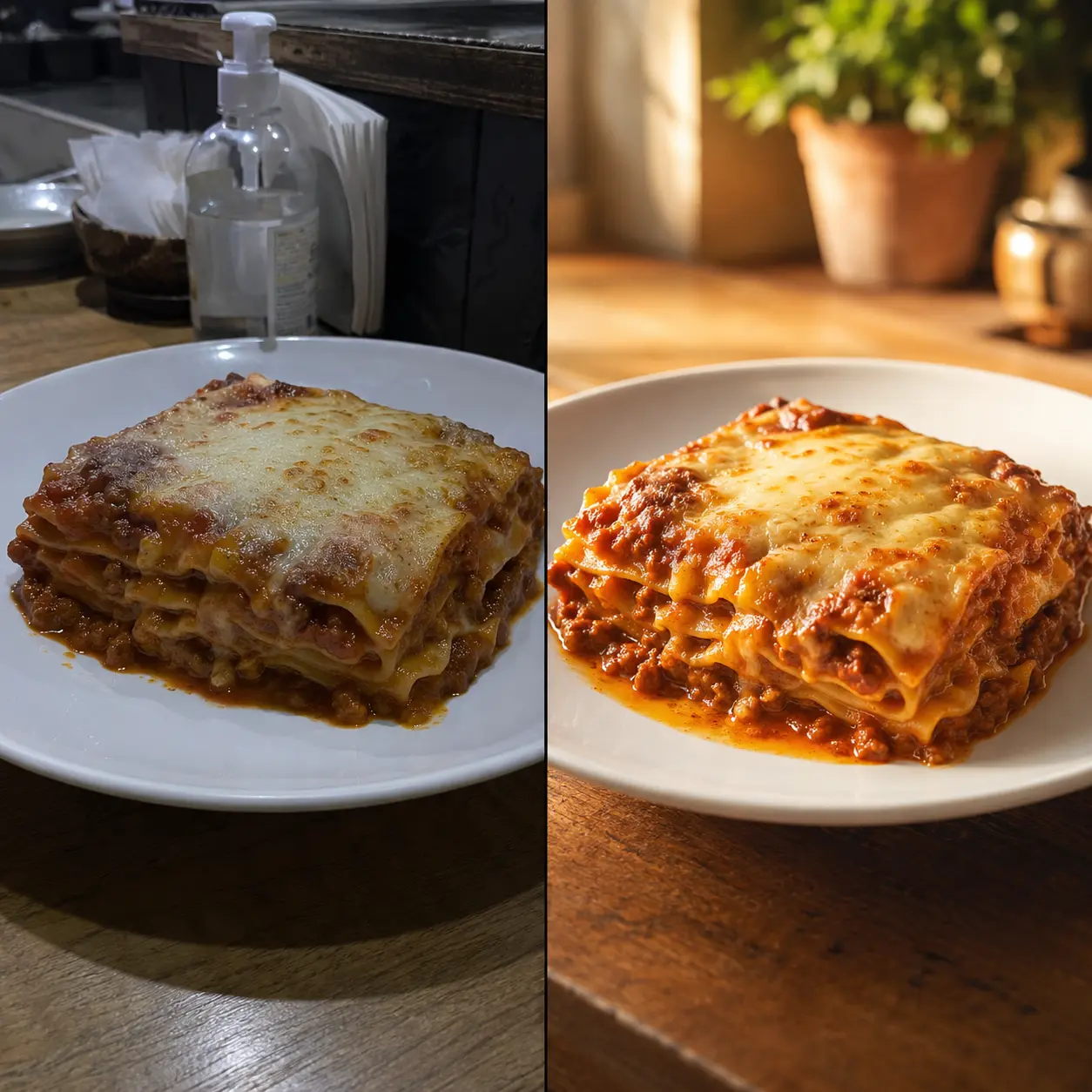 Restaurant Instagram post showing flat food photo versus scroll-stopping enhanced version